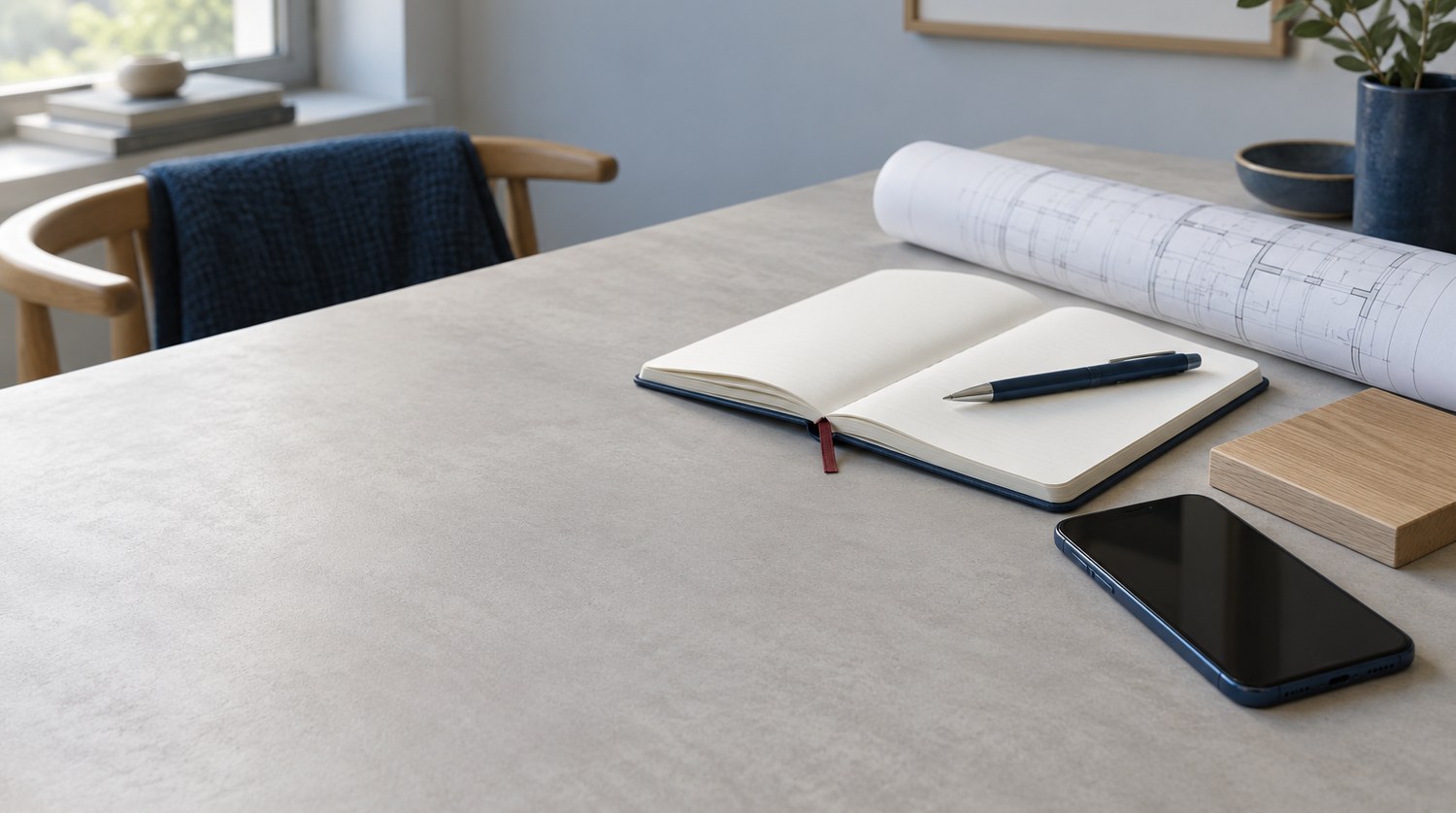 Werkplek met een notitieboek en telefoon