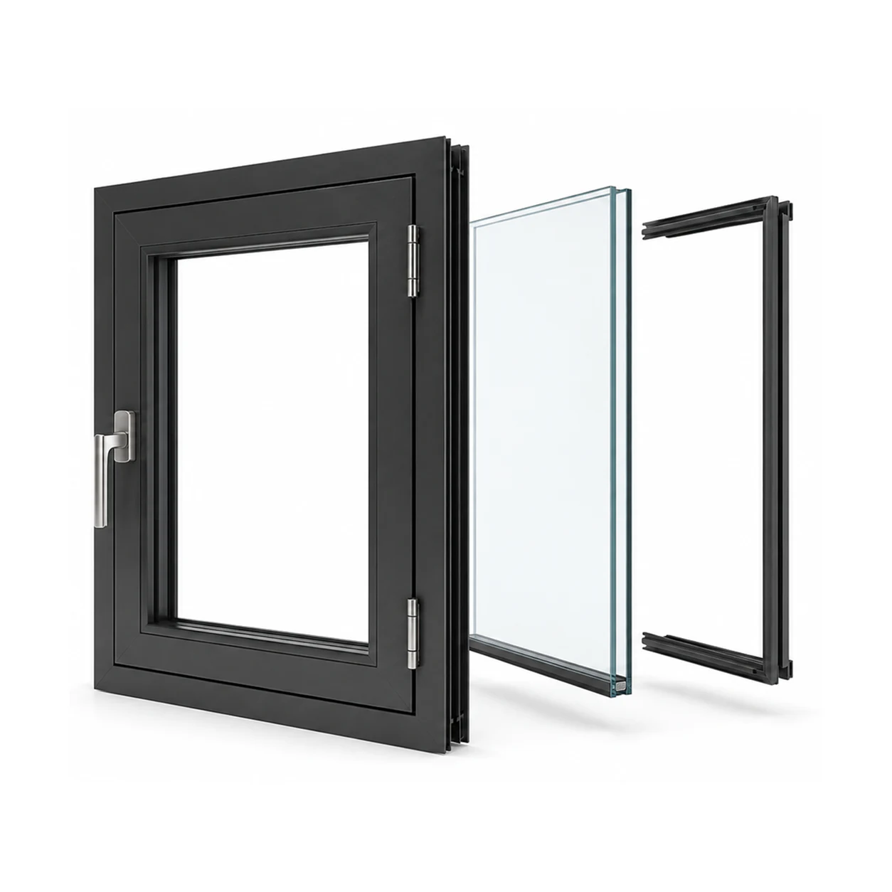 Aluminium draaikiepkozijn met losgelegd isolatieglas en afdichtingsprofiel