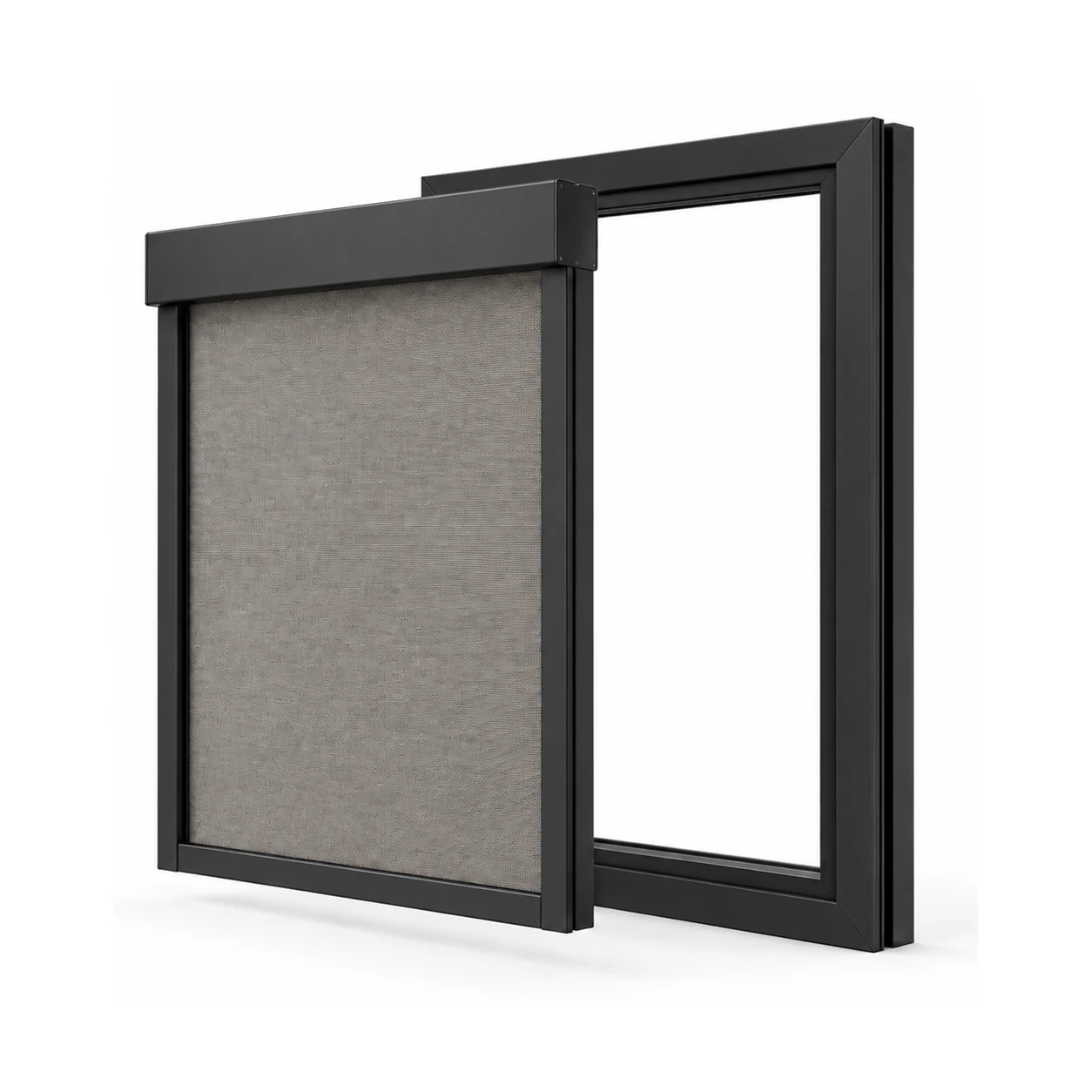Raam met een losgelegd buitenscreen in een slank zwart frame