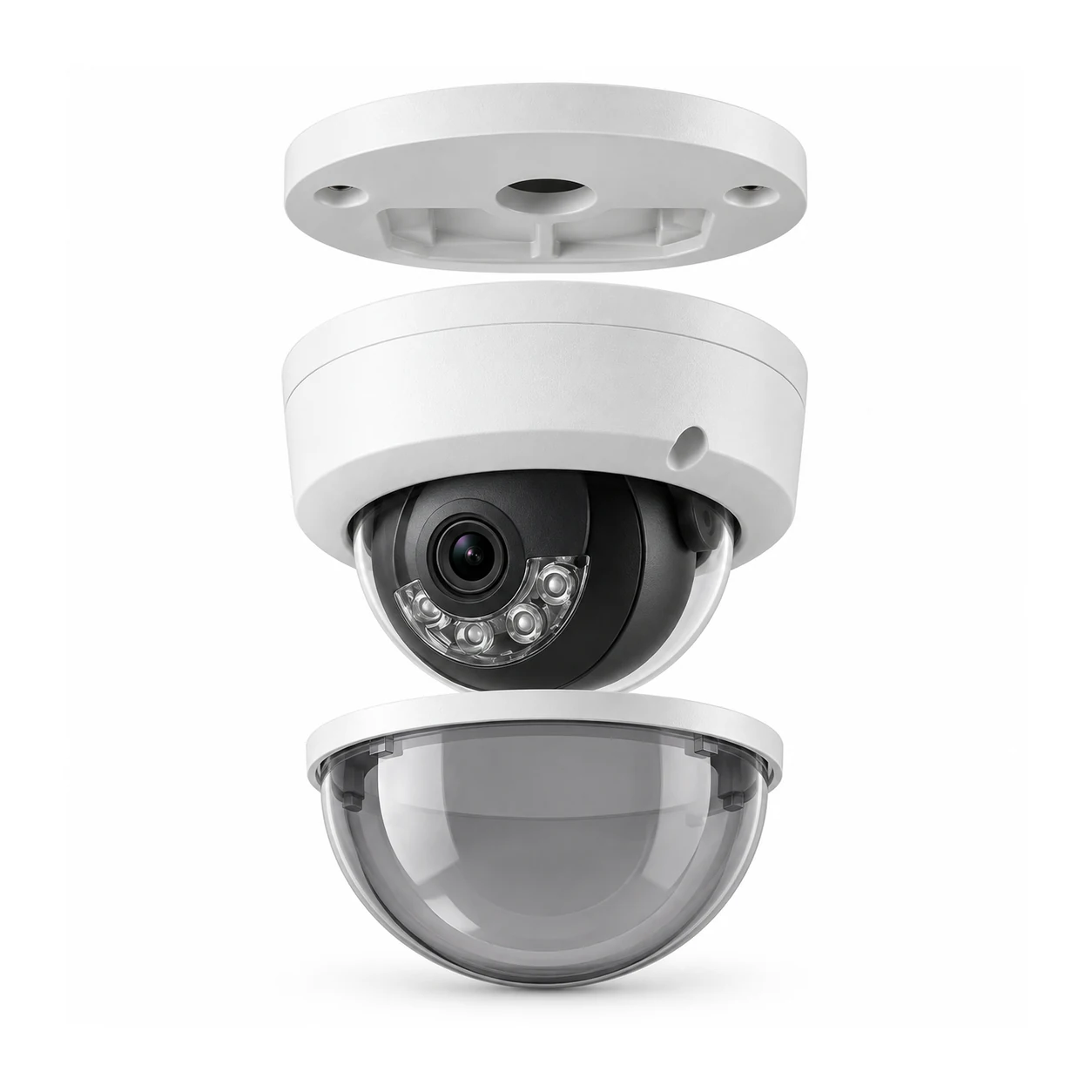Witte domecamera in opengewerkte productopbouw met montageplaat, camera en transparante kap